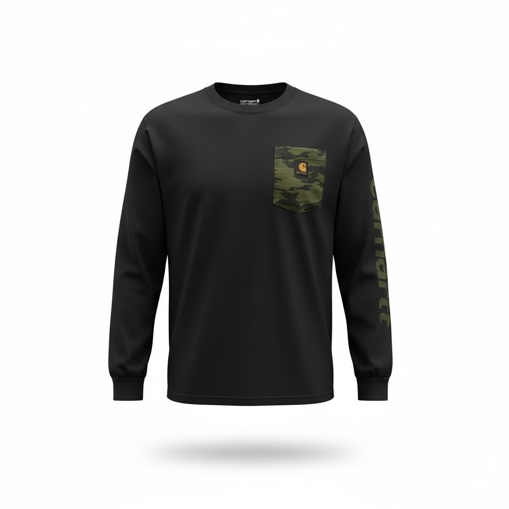 Carhartt Mens Relaxed Fit Long Sleeve Graphic Logo Pocket T-Shirt Black Camo L